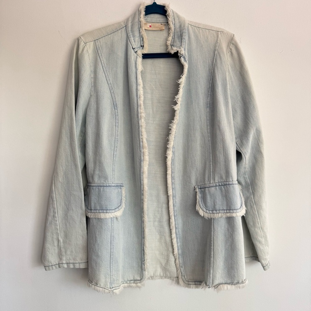 Tina Stephens Kimmi 100% Cotton Frayed Edge Denim Blazer Jacket Open‎ Size M/L